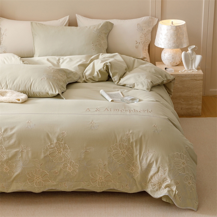 91家纺网 家纺一手货源 找家纺 艾莱家纺 2024新款A类新疆长绒棉加厚柔顺磨毛四件套-花开烂漫 花开烂漫-灰豆绿