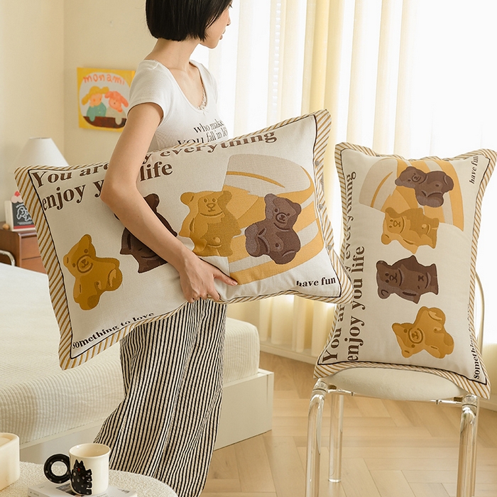 91家纺网 家纺一手货源 找家纺 2024新款全棉四层纱布枕套一对装纽扣款枕套 焦糖小熊