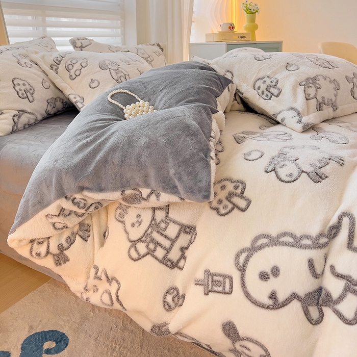 91家纺网 家纺一手货源 找家纺 2024新款加厚雪花绒印花四件套-风格二（提供卖家秀） 灰色轨迹