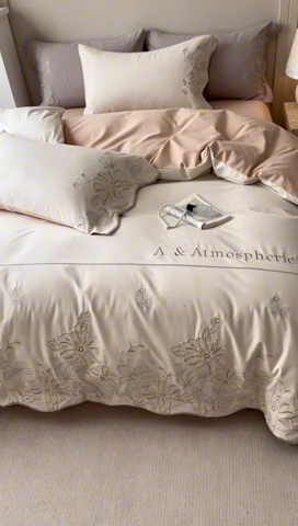 91家纺网 家纺一手货源 找家纺 艾莱家纺 2024新款A类新疆长绒棉加厚柔顺磨毛四件套-花开烂漫 花开烂漫-白鹭