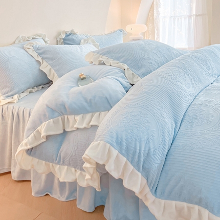 91家纺网 家纺一手货源 找家纺 2024新款加厚牛奶绒韩版雕花四件套风格1（温馨） 飞鸟