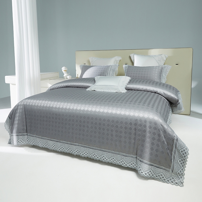 91家纺网 家纺一手货源 找家纺 2024新款高端蕾丝重磅真丝棉系列四件套-克莱斯特 克莱斯特 浅灰