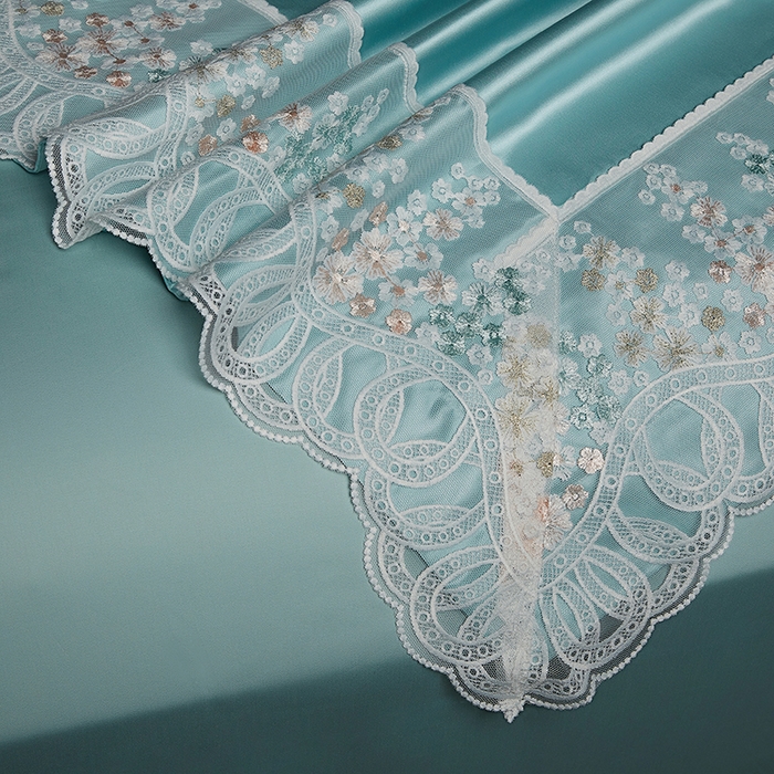 91家纺网 家纺一手货源 找家纺 2024新款高端蕾丝重磅真丝棉系列四件套-芬芳细雨 芬芳细雨 绿