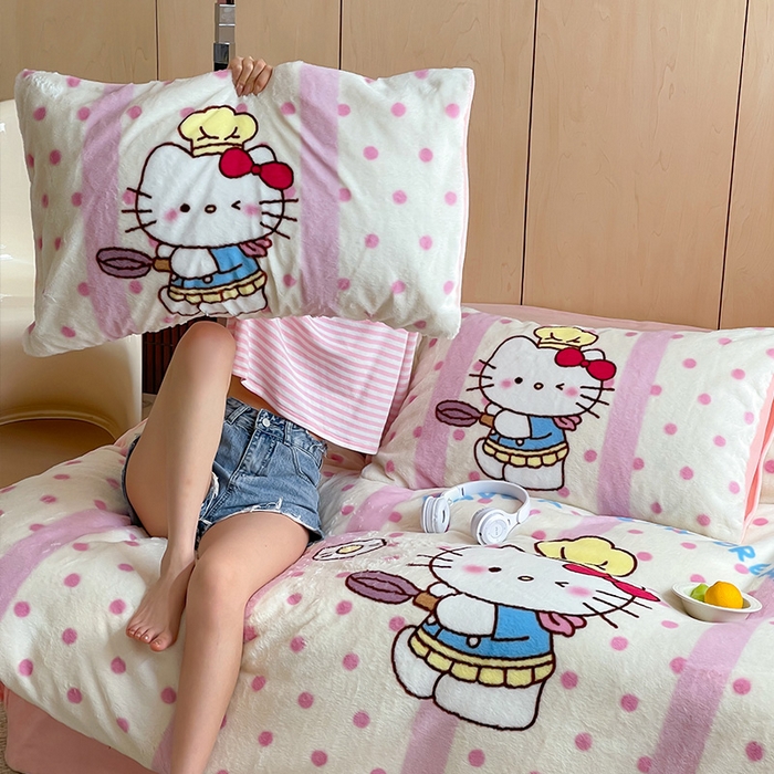 91家纺网 家纺一手货源 找家纺 安哆啦家纺 2024新款兔毛绒大版卡通牛奶绒兔兔绒印花四件套 烹饪猫