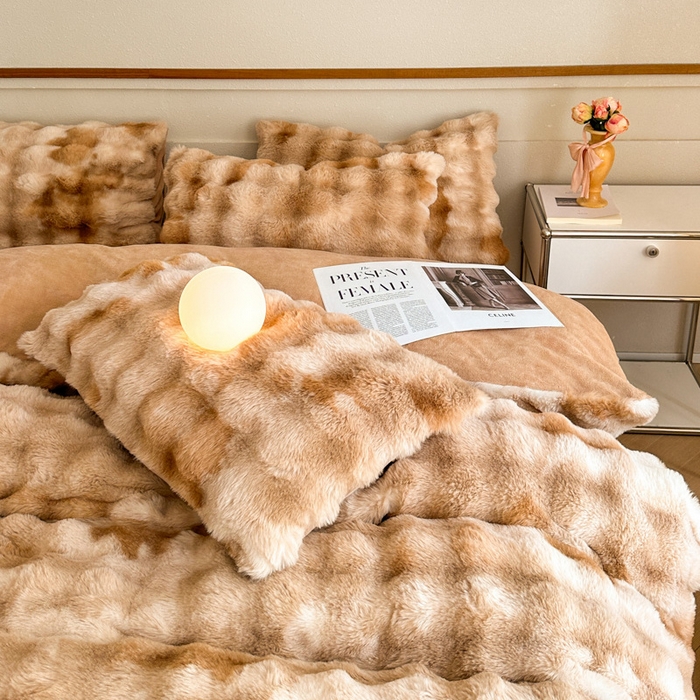 91家纺网 家纺一手货源 找家纺 畅畅家纺 2024新款AB版冬季纯色七彩兔兔绒兔毛绒牛奶绒四件套 七彩咖