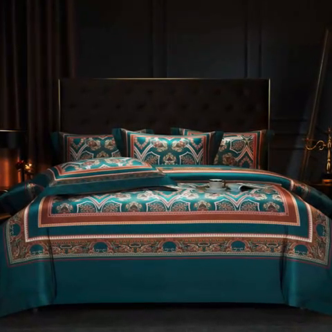 91家纺网 家纺一手货源 找家纺 2024新款100s长绒棉数码印花大版定位四件套 塞维尼亚