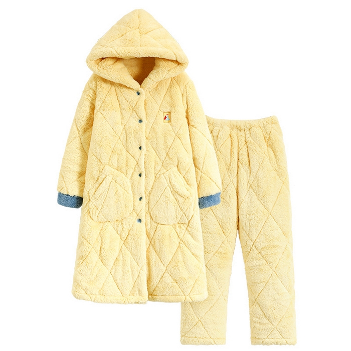 91家纺网 家纺一手货源 找家纺 洛兰沙家居馆 2024新款秋冬季三层夹棉加厚加绒睡衣女士法兰绒套装珊瑚绒家居服 黄色