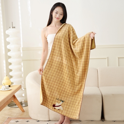 朴尔家纺-毛巾被 2024新款毛巾绣勾边小格快乐鸭AB版珊瑚绒速吸速干毛巾浴巾 格子快乐鸭-咖浴巾