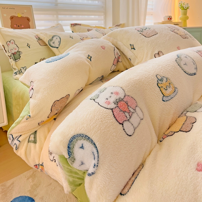 91家纺网 家纺一手货源 找家纺 2024新款加厚雪花绒印花四件套-风格二（提供卖家秀） 快乐心情