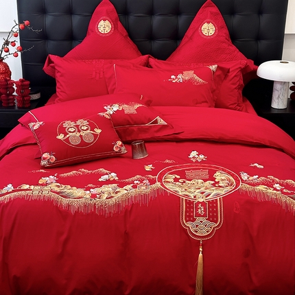 91家纺网 家纺一手货源 找家纺 （总）JUICY 橘滋家纺 2024新款100支全棉提花高端婚庆《囍》系列四件套