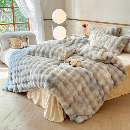 畅畅家纺 2024新款AB版冬季纯色七彩兔兔绒兔毛绒牛奶绒四件套 七彩-白