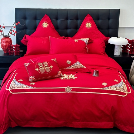 91家纺网 家纺一手货源 找家纺 （总）JUICY 橘滋家纺 2024新款100支全棉提花高端婚庆《囍》系列四件套