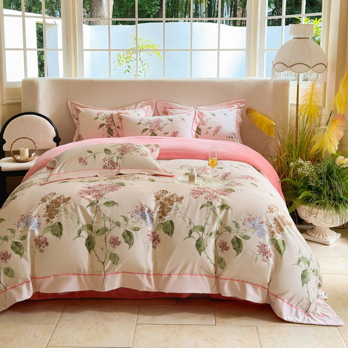 91家纺网 家纺一手货源 找家纺 2025新款A纯棉B牛奶绒四件套13376全棉加绒一字绣宽边轻奢套件-夹棉款 南枝-粉