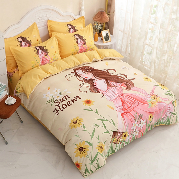 91家纺网 家纺一手货源 找家纺 宝薇 2024新款卡通款加厚斜纹磨毛大版四件套 （新花型不断更新中）花仙子黄