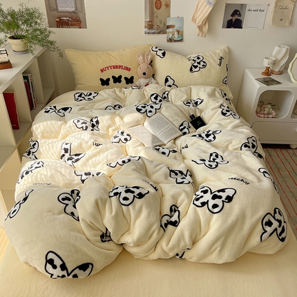 2024新款A类ins少女小清新蝴蝶爱心蝴蝶结毛巾绣混搭牛奶绒系列四件套 绒毛巾绣-奶牛蝴蝶黄