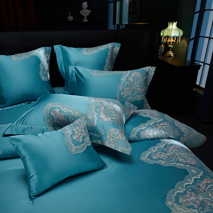 91家纺网 家纺一手货源 找家纺 2024新款高端蕾丝重磅真丝棉系列四件套-爱兰朵 爱兰朵炫彩绿