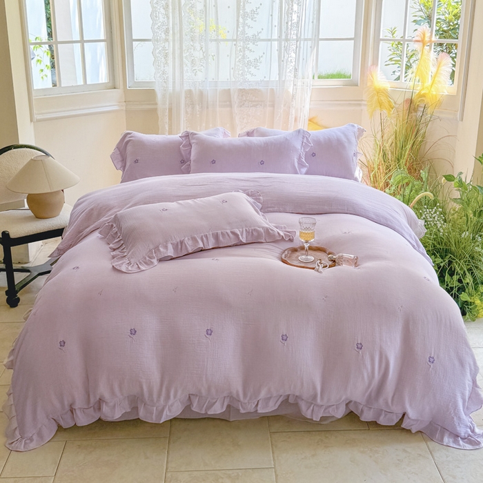 91家纺网 家纺一手货源 找家纺 2025新品全棉色织皱皱纱刺绣款四件套 樱花草