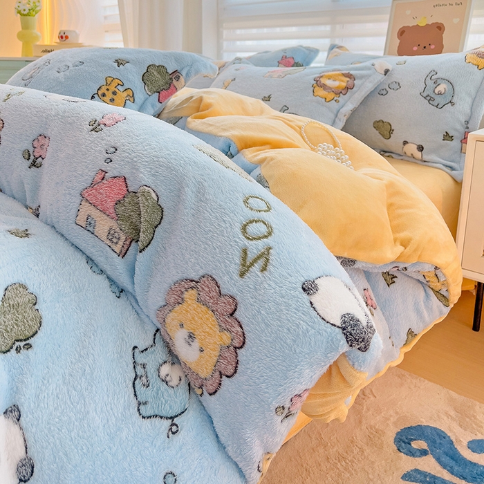 91家纺网 家纺一手货源 找家纺 2024新款加厚雪花绒印花四件套-风格二（提供卖家秀） 动物世界