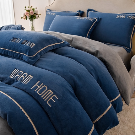 同田家纺 2024新款230克蓄暖高克重牛奶绒四件套 魅蓝-浅灰