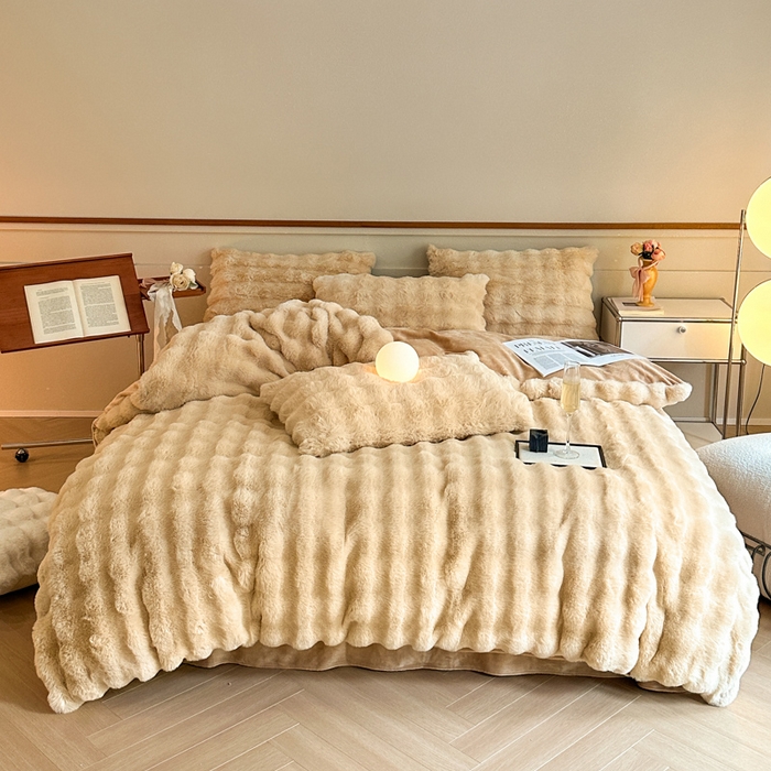 91家纺网 家纺一手货源 找家纺 畅畅家纺 2024新款AB版冬季纯色七彩兔兔绒兔毛绒牛奶绒四件套 卡其