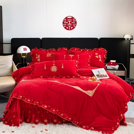 91家纺网 家纺一手货源 找家纺 （总）蒂爵 全棉纯棉抗静电宝宝绒婚庆绣花四件套