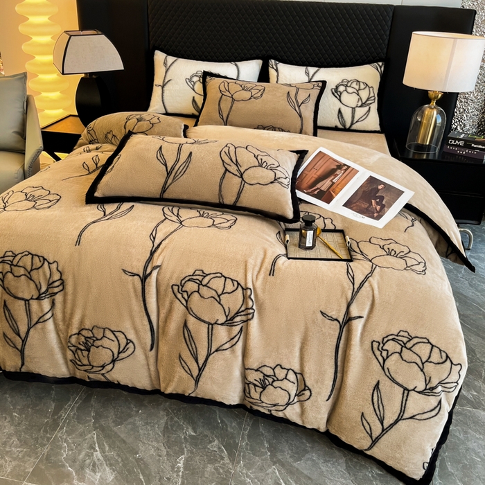 91家纺网 家纺一手货源 找家纺 慕尚家纺 2025新款宽包边高克重兔兔绒牛奶绒加厚保暖法式系列四件套 兔毛-玫瑰-咖