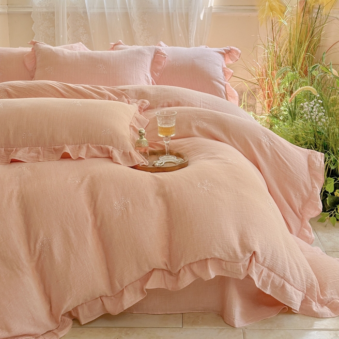 91家纺网 家纺一手货源 找家纺 （总）2025新品全棉色织皱皱纱刺绣款四件套