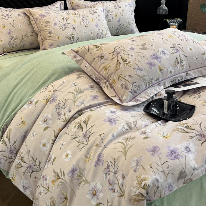 91家纺网 家纺一手货源 找家纺 大柏树 2025新款A类全棉磨毛印花四件套 暗香灰