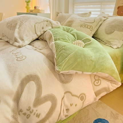 2024新款加厚雪花绒印花单件被套-风格二（提供卖家秀 ） 爱心熊(绿)