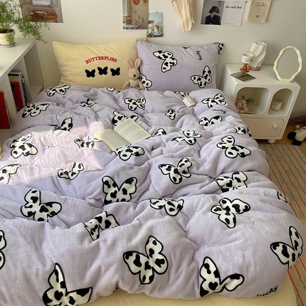 2024新款A类ins少女小清新蝴蝶爱心蝴蝶结毛巾绣混搭牛奶绒系列四件套 绒毛巾绣-奶牛蝴蝶紫