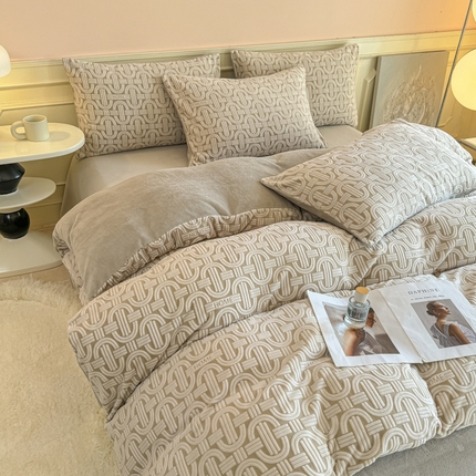 大境 2024新款8斤A类230克牛奶绒提花烂花四件套床笠款床单款 巴克曼 米灰