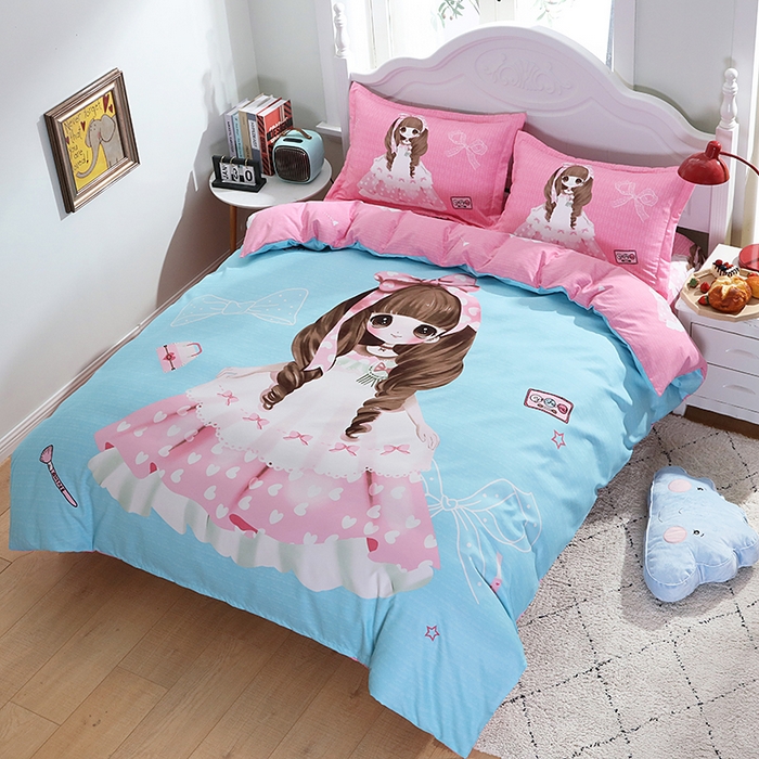 91家纺网 家纺一手货源 找家纺 宝薇 2024新款卡通款加厚斜纹磨毛大版四件套 （新花型不断更新中）公主日记蓝