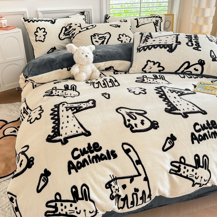 91家纺网 家纺一手货源 找家纺 简宜家居 2025新款牛奶绒印花四件套 简笔画