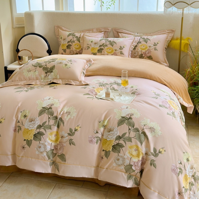 91家纺网 家纺一手货源 找家纺 2025新款A纯棉B牛奶绒四件套13376全棉加绒一字绣宽边轻奢套件-夹棉款 花绘-粉