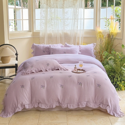 2025新品全棉色织皱皱纱刺绣款四件套 花香