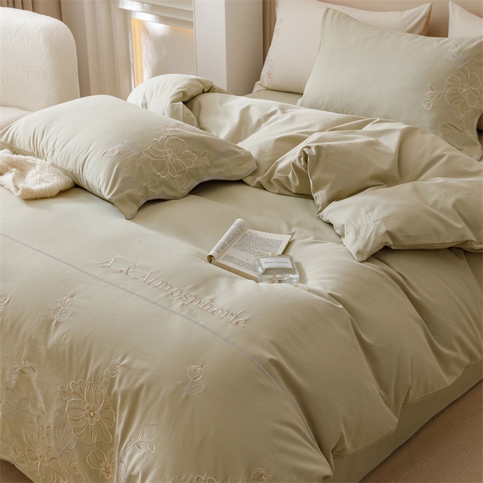 91家纺网 家纺一手货源 找家纺 艾莱家纺 2024新款A类新疆长绒棉加厚柔顺磨毛四件套-花开烂漫 花开烂漫-灰豆绿