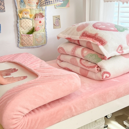 川悦生活 2024新款立体雪花绒宿舍床笠款三件套四件套 啵啵草莓