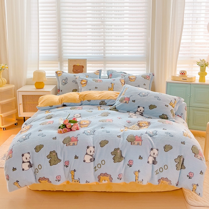 91家纺网 家纺一手货源 找家纺 2024新款加厚雪花绒印花四件套-风格二（提供卖家秀） 动物世界