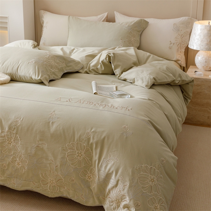 91家纺网 家纺一手货源 找家纺 艾莱家纺 2024新款A类新疆长绒棉加厚柔顺磨毛四件套-花开烂漫 花开烂漫-灰豆绿