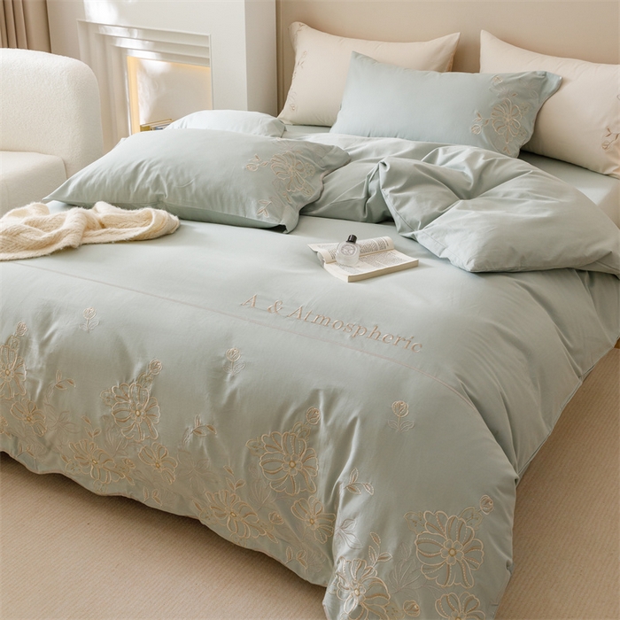 91家纺网 家纺一手货源 找家纺 艾莱家纺 2024新款A类新疆长绒棉加厚柔顺磨毛四件套-花开烂漫 花开烂漫-芦草绿