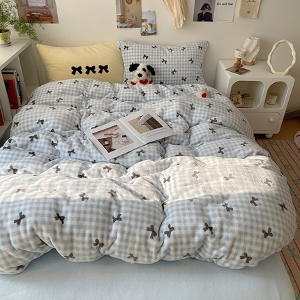 2024新款A类ins少女小清新蝴蝶爱心蝴蝶结毛巾绣混搭牛奶绒系列四件套 绒毛巾绣-格子蝴蝶结蓝黑黄