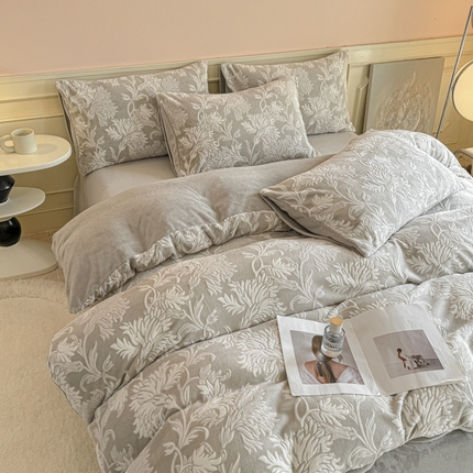 大境 2024新款8斤A类230克牛奶绒提花烂花四件套床笠款床单款 罗曼 淡灰