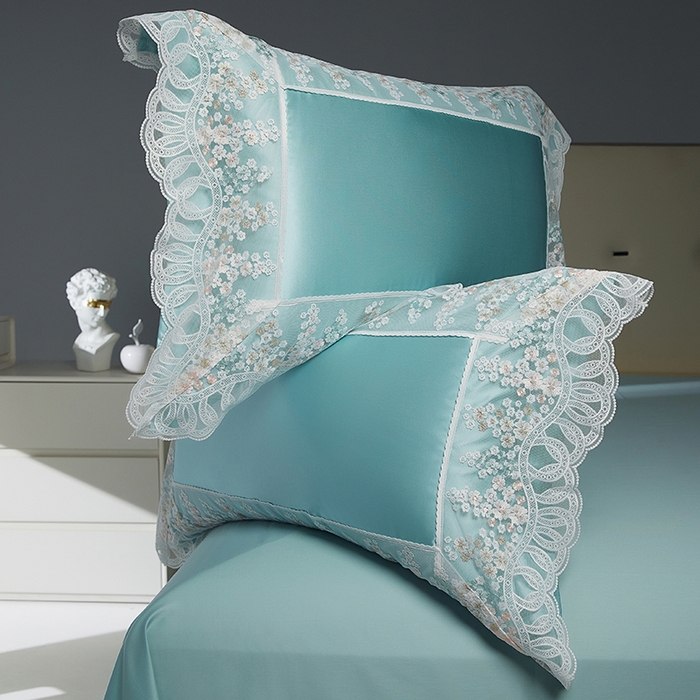 91家纺网 家纺一手货源 找家纺 2024新款高端蕾丝重磅真丝棉系列四件套-芬芳细雨 芬芳细雨 绿