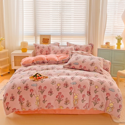 2024新款加厚雪花绒印花四件套-风格二（提供卖家秀） 花园熊(粉)