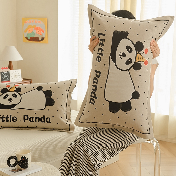 91家纺网 家纺一手货源 找家纺 2024新款全棉四层纱布枕套一对装纽扣款枕套 波点肥熊