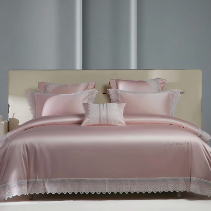 91家纺网 家纺一手货源 找家纺 2024新款高端蕾丝重磅真丝棉系列四件套-德鲁斯 德鲁斯 浅粉