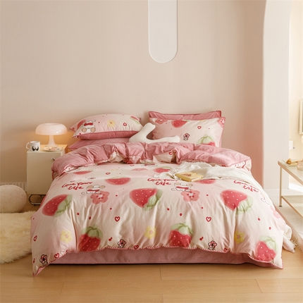 91家纺网 家纺一手货源 找家纺 总红粉佳人新款小清新卡通贝壳边三角针棉加绒四件套工艺款牛奶绒四件套