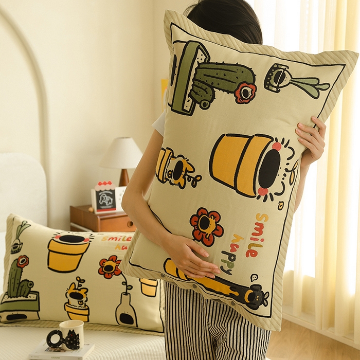 91家纺网 家纺一手货源 找家纺 2024新款全棉四层纱布枕套一对装纽扣款枕套 狗花