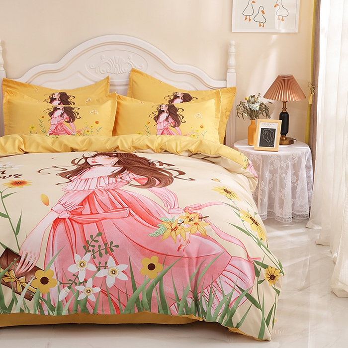 91家纺网 家纺一手货源 找家纺 宝薇 2024新款卡通款加厚斜纹磨毛大版四件套 （新花型不断更新中）花仙子黄