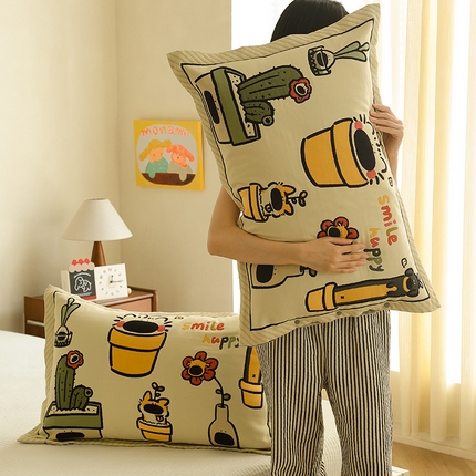 2024新款全棉四层纱布枕套一对装纽扣款枕套 狗花